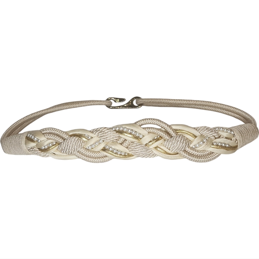 Vtg 80s Cream Braided Elastic Belt with Pearls and Golden‎ Accents